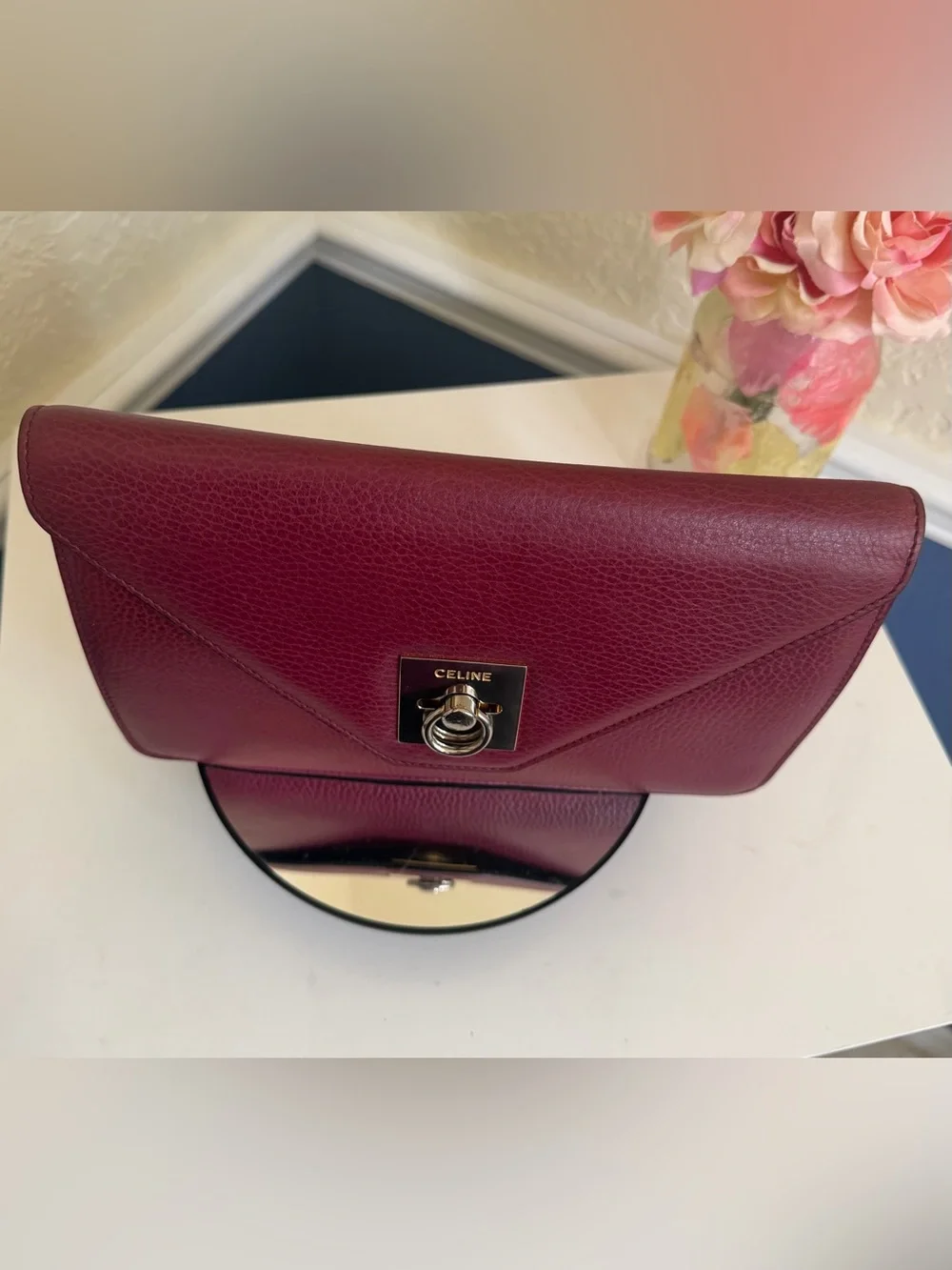 Celine Wine Red Pebbled Leather Envelope Clutch Purse Gold Hardware